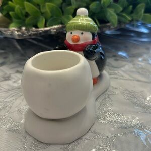 Hallmark tea light Christmas candle holder, penguin, warming his hands.